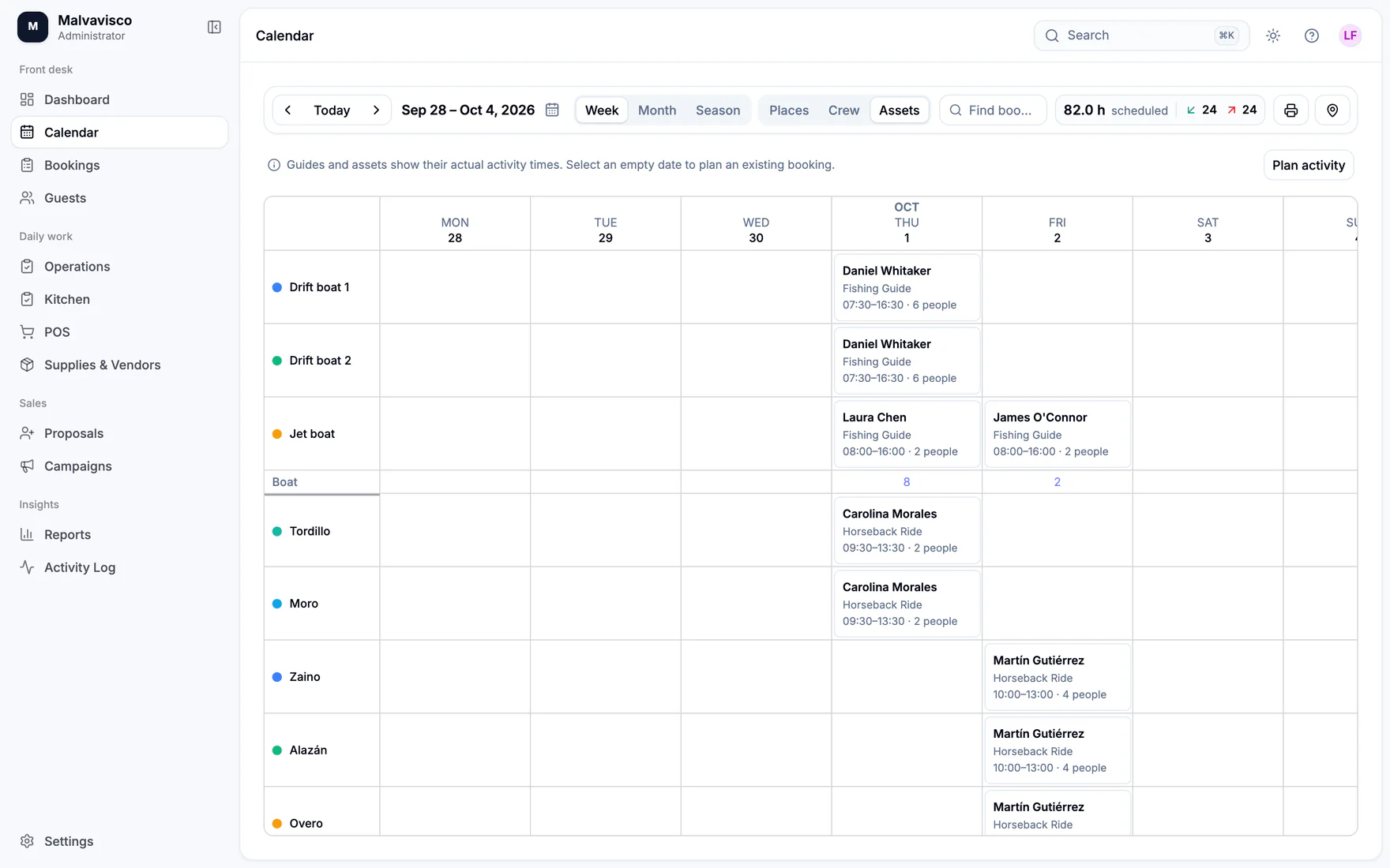 LodgeOps assets calendar screen.